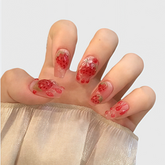 Trapezoid Strawberry Press On Nails – 3D Cute Fruit Fake Nails with Jelly Texture and Glossy Finish