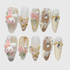 Stiletto Press On Nails Set with Bunny, Butterfly, and Pearl Designs – Reusable Elegant Nail Art for Special Occasions