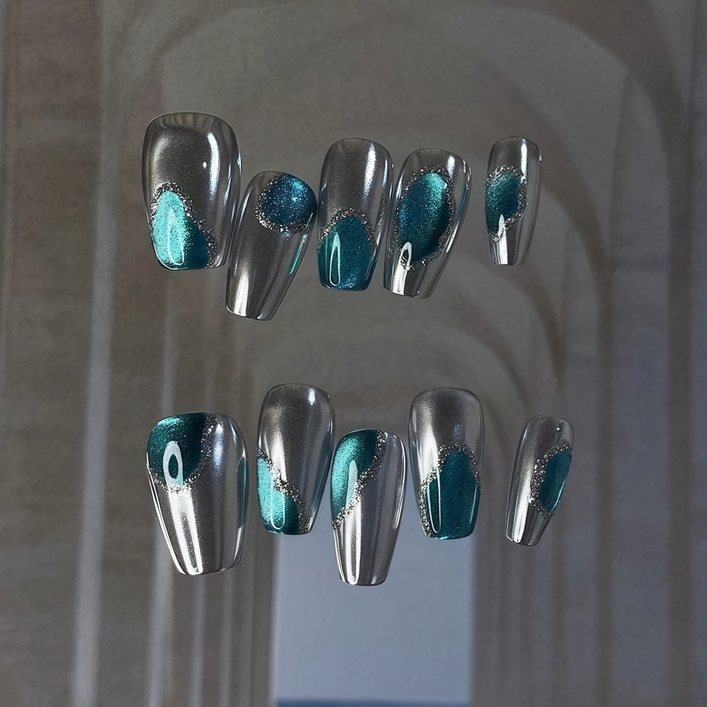 Glossy metallic blue and silver square press on nails with reusable mirror finish