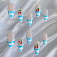 Almond Press On Nails – Blue Gingham French Tips with Cherry Design