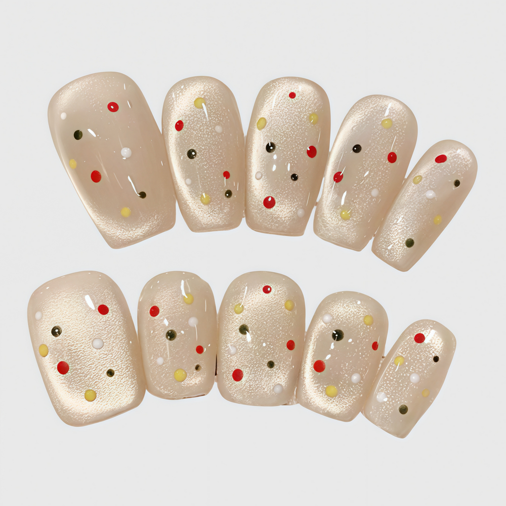 Oval Shape Champagne Press On Nails with Colorful Dots, Reusable Cute Nail Art for Women