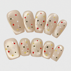 Oval Shape Champagne Press On Nails with Colorful Dots, Reusable Cute Nail Art for Women