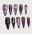 Handmade Cyber Y2K Press On Nails – Long Stiletto Shape with Molten Purple Chrome, 3D Swirls & Silver Spheres for Baddies