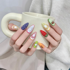 Almond Fruit Press On Nails – Colorful 3D Summer Fruit Nail Art Set