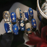 Square Shape Navy Blue and Gold Press On Nails Set with Cross Charms, Pearls, and Royal 3D Decorations, Reusable for Women