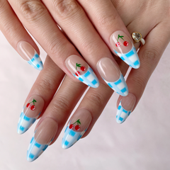 Almond Press On Nails – Blue Gingham French Tips with Cherry Design