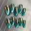 Coffin shape green chrome press on nails with glitter gradient and metallic finish