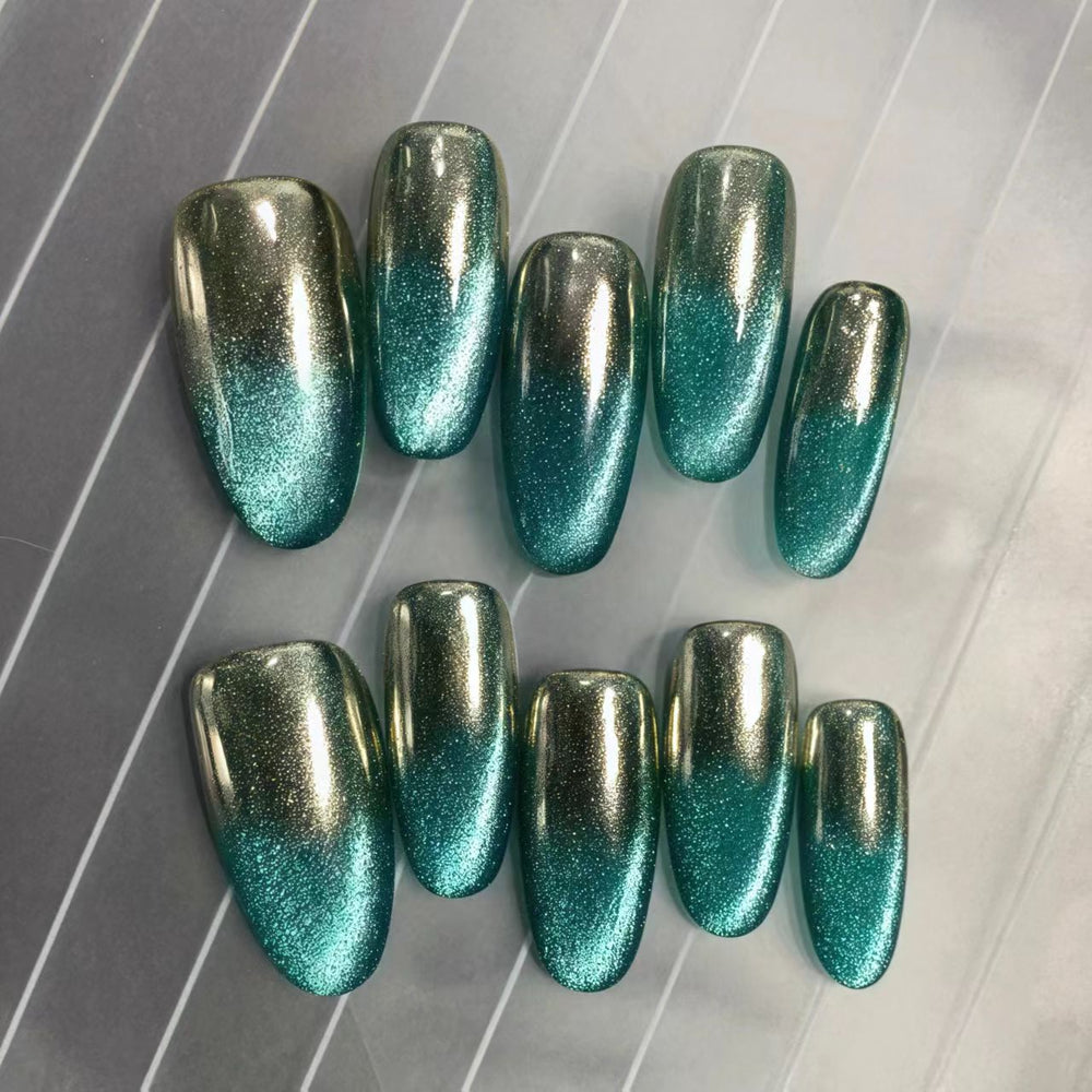 Coffin shape green chrome press on nails with glitter gradient and metallic finish