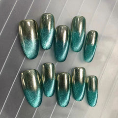Coffin shape green chrome press on nails with glitter gradient and metallic finish