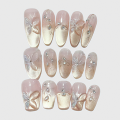 Elegant Almond Press-On Nails – Gold Gradient 3D Butterfly & Rhinestone Design