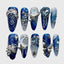 Reusable Blue Galaxy Press On Nails – Stiletto Shape with Moon, Stars & Metallic Charms for Women