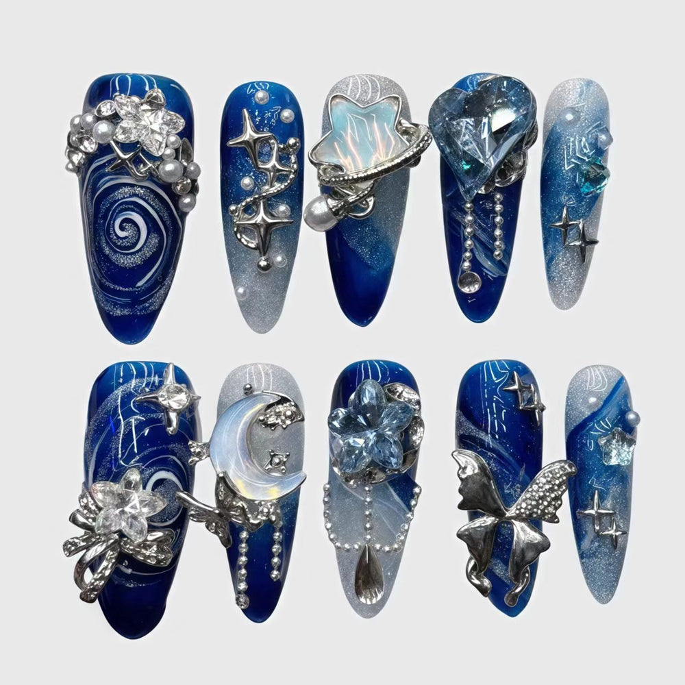 Stiletto Galaxy Press On Nails Set – Reusable Blue Nails with Moon, Stars, and 3D Metallic Charms for Women