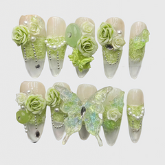 Stiletto Shape Reusable Green Floral Press On Nails Set with Rose, Pearl & Butterfly Designs for Women