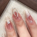 Elegant Coffin Pearl Shell Press-On Nails – Nude Pink Luxury Fake Nails with 3D Embellishment