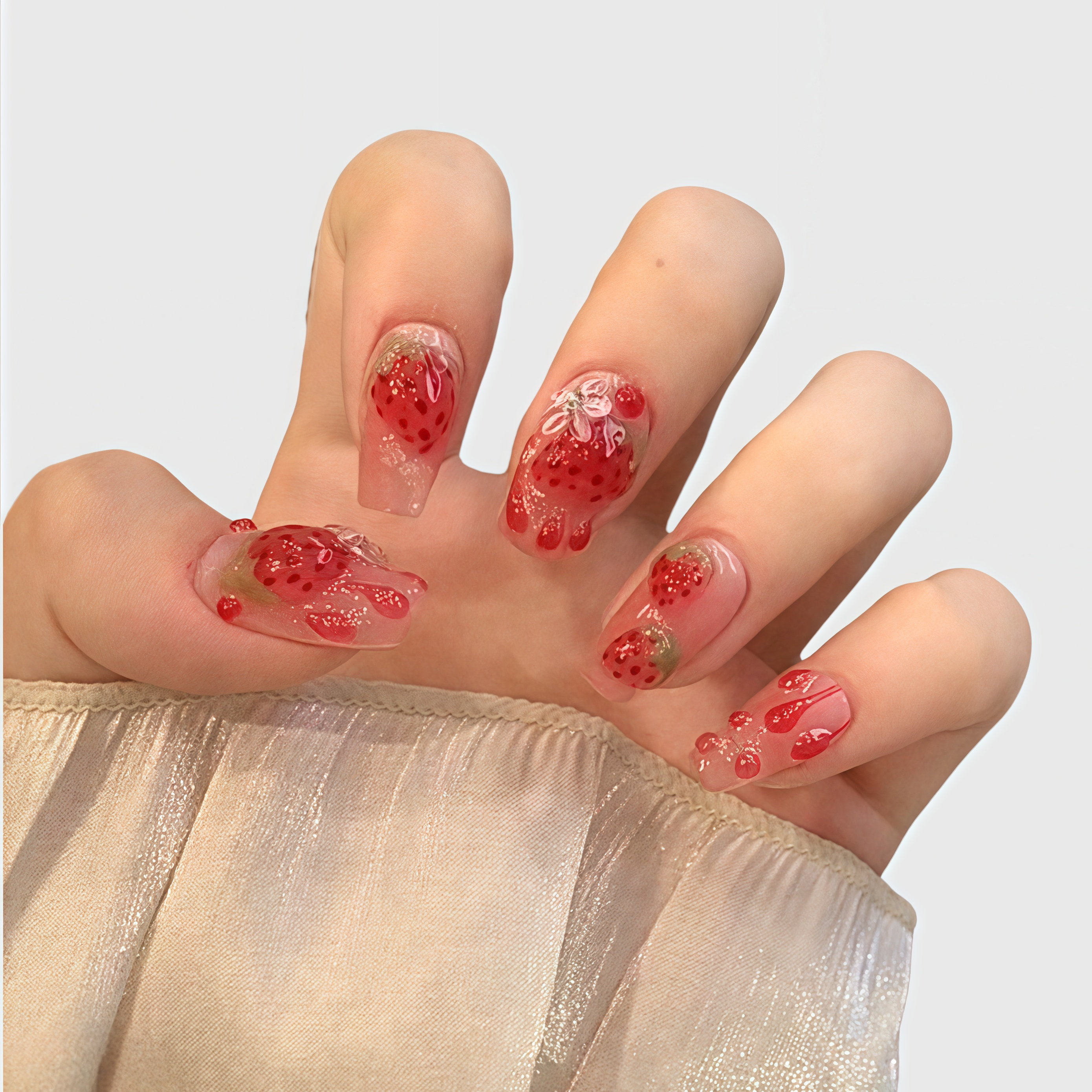 Trapezoid Strawberry Press On Nails – 3D Cute Fruit Fake Nails with Jelly Texture and Glossy Finish