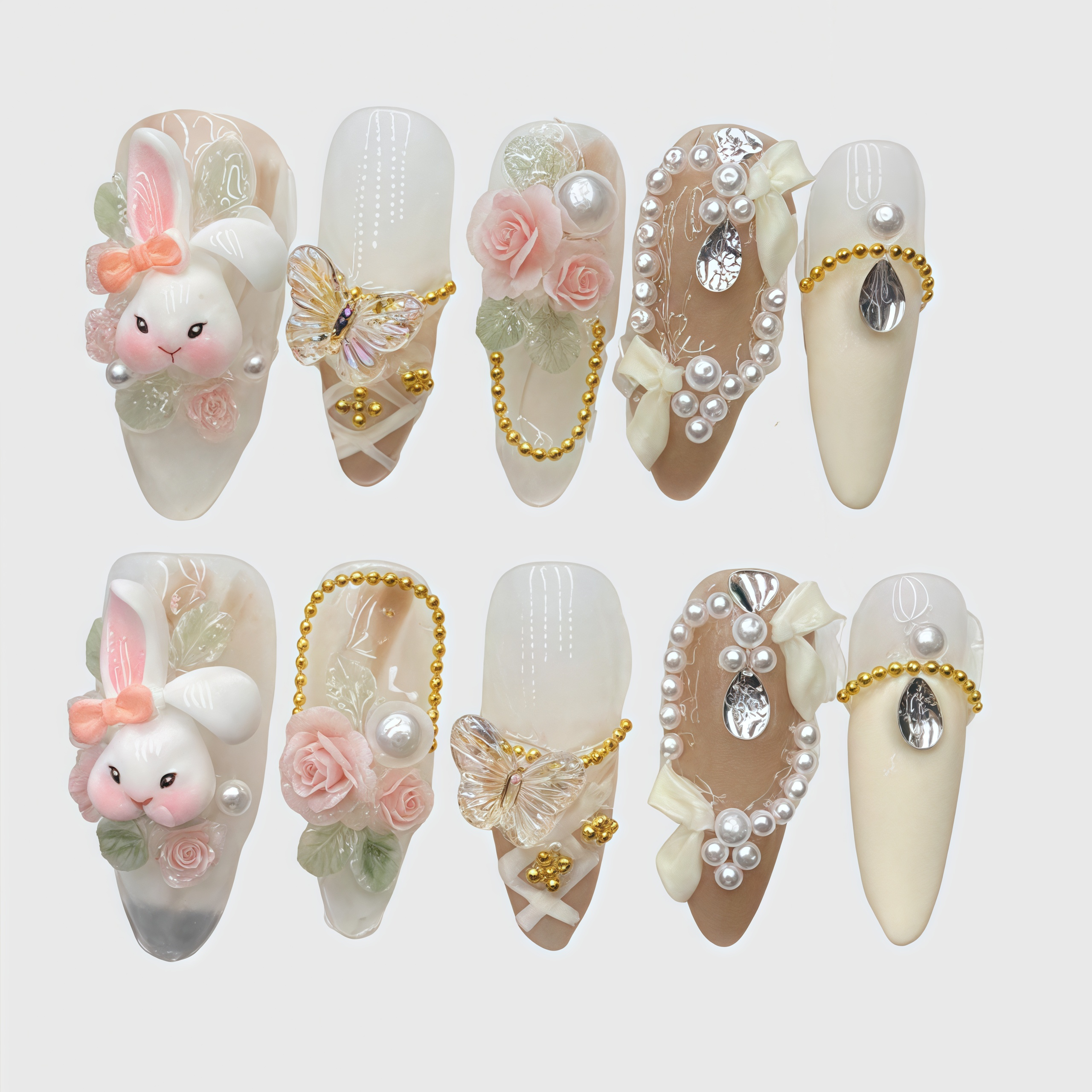 Stiletto Press On Nails Set with Bunny, Butterfly, and Pearl Designs – Reusable Elegant Nail Art for Special Occasions Main image