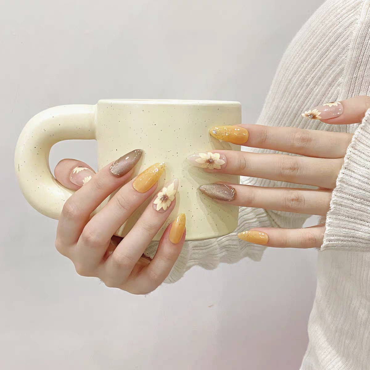 Almond Press On Nails – 3D Sunflower Design in Yellow and Brown Tones | Fall Floral Art Nail Set Secondary image