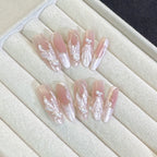 Elegant Coffin Pearl Shell Press-On Nails – Nude Pink Luxury Fake Nails with 3D Embellishment