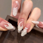 Elegant Coffin Pearl Shell Press-On Nails – Nude Pink Luxury Fake Nails with 3D Embellishment