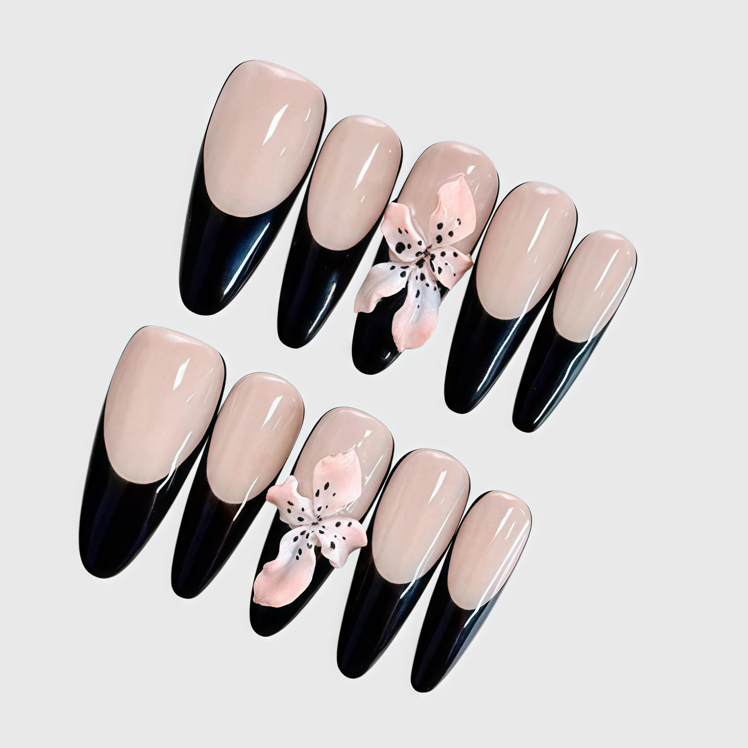 Almond Press On Nails – Nude and Black French Design with 3D Lily Flower Accents Secondary image