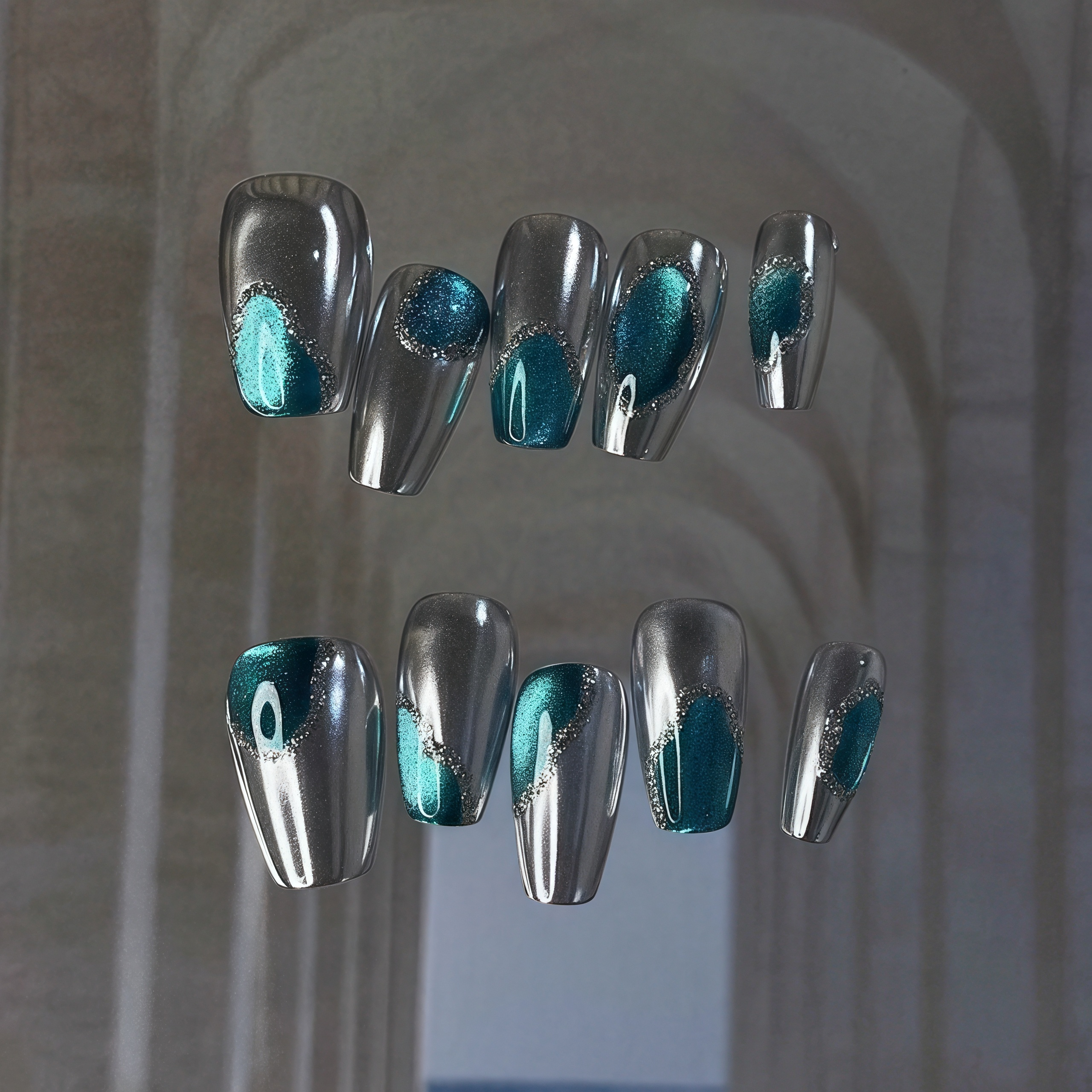 Glossy metallic blue and silver square press on nails with reusable mirror finish