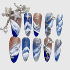 Stiletto Shape Reusable Blue Ocean Press On Nails Set with Waves, Stars & Silver Charms for Women