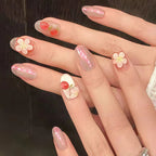3D Strawberry Flower Oval Press On Nails – Pink Iridescent Jelly Fake Nails with Cute Fruit Floral Design