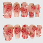 Trapezoid-shaped pink press on nails with 3D strawberry design, jelly gloss texture, droplets and butterfly rhinestone accents