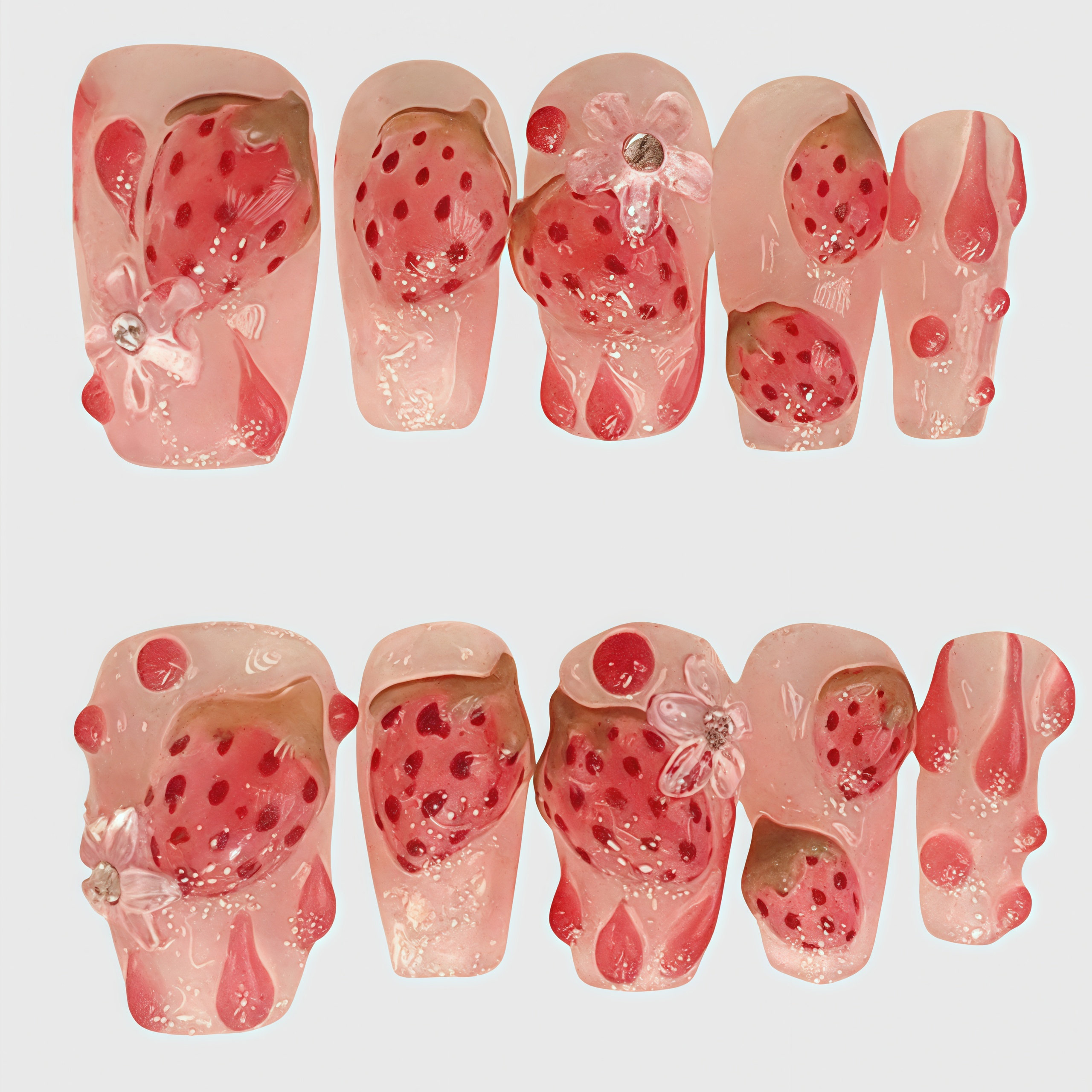 Trapezoid-shaped pink press on nails with 3D strawberry design, jelly gloss texture, droplets and butterfly rhinestone accents