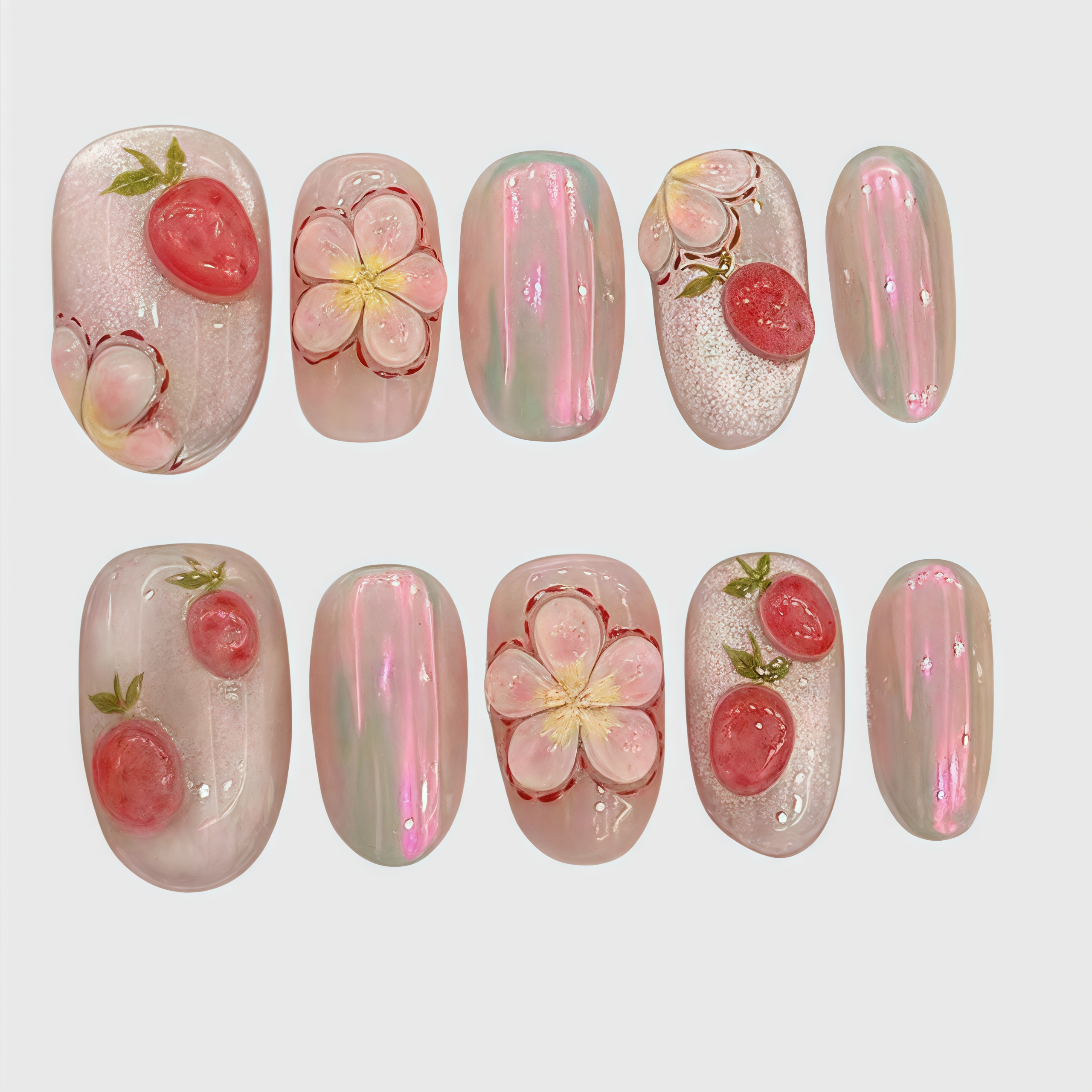 Oval-shaped pink iridescent press on nails with 3D strawberry and cherry blossom decorations, jelly-style fruity floral fake nails Main image