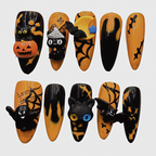 Reusable Halloween press on nails featuring 3D black cats, pumpkins, spider webs, and bats for festive nail art