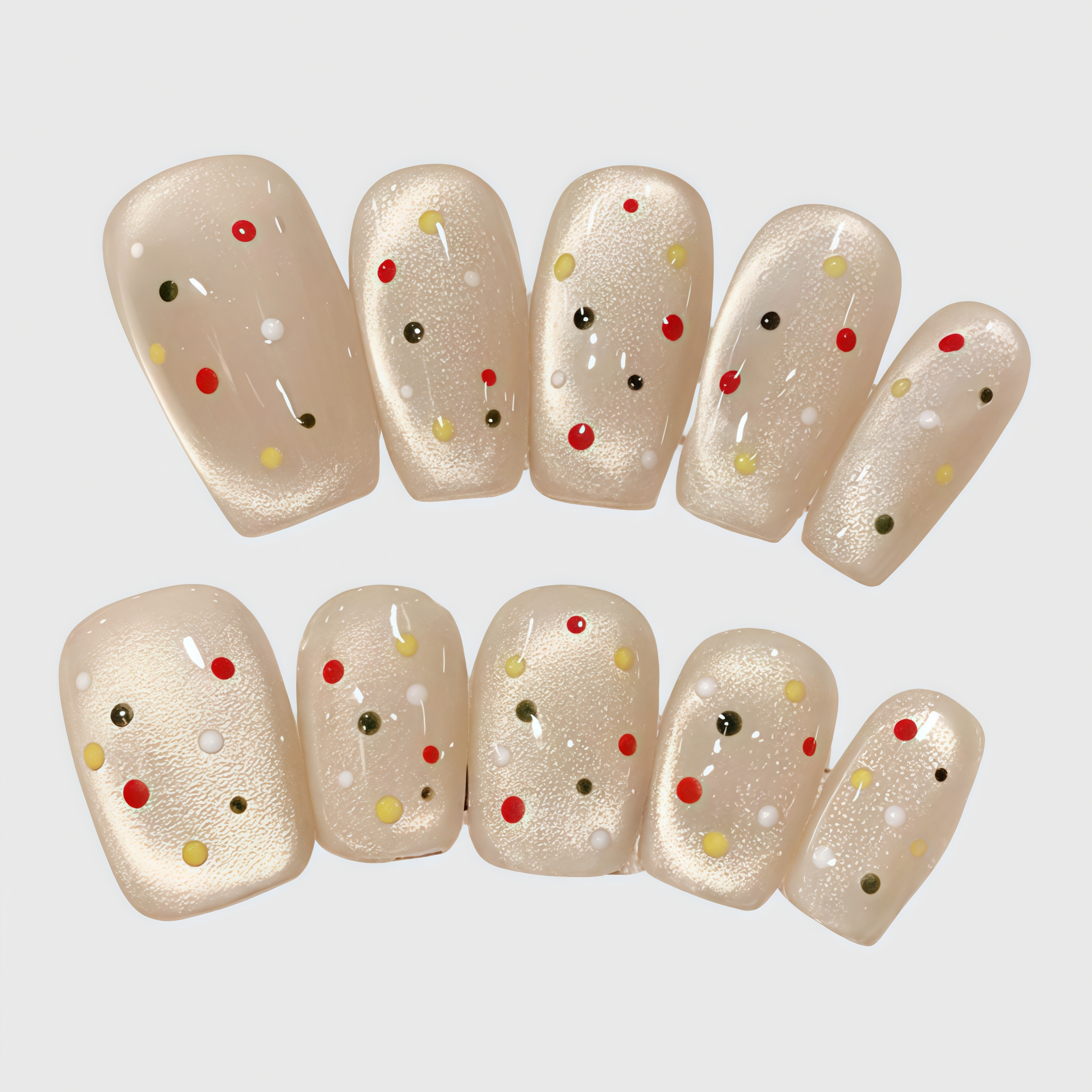 Oval Shape Champagne Press On Nails with Colorful Dots, Reusable Cute Nail Art for Women