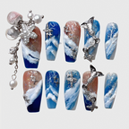 Reusable Blue Ocean Press On Nails – Stiletto Shape with Waves, Stars & Silver Charms for Women
