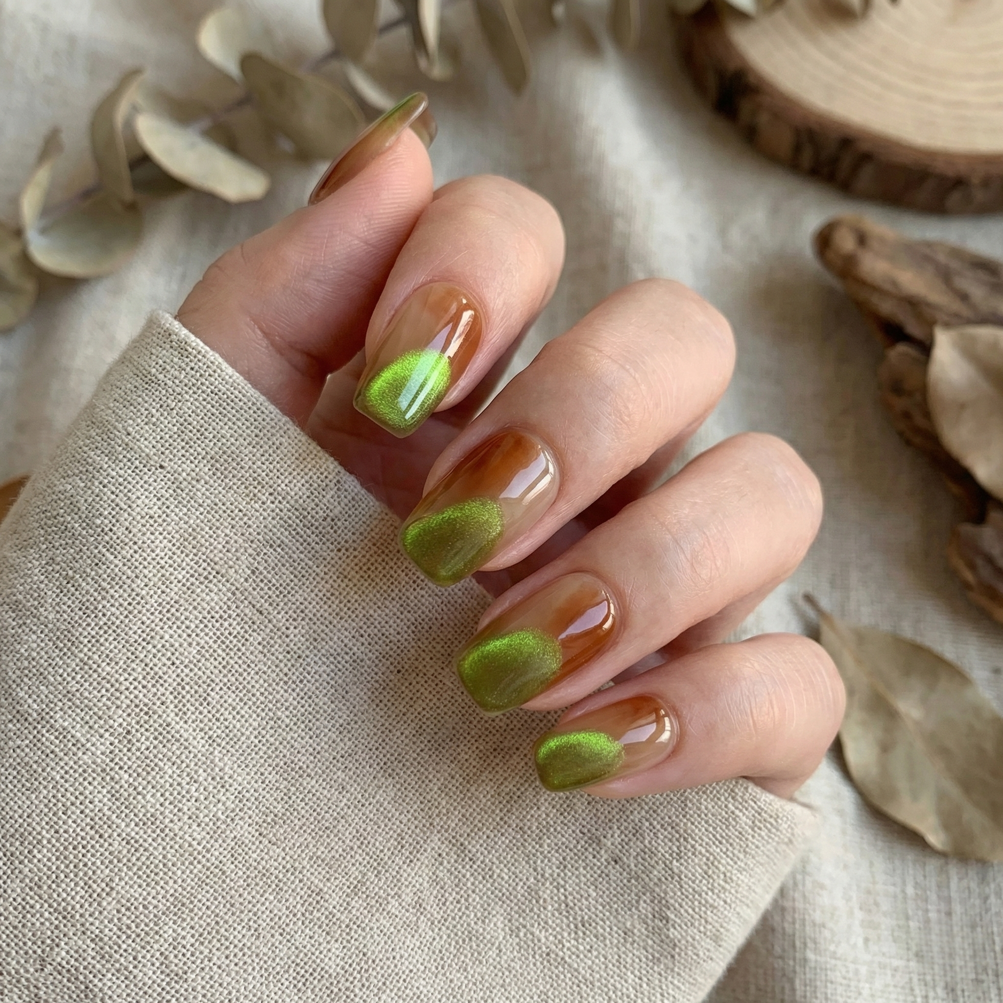 Reusable Amber & Lime Green Square Press On Nail Art Set – Magnetic Cat Eye French Tips for Chic Modern Vibe