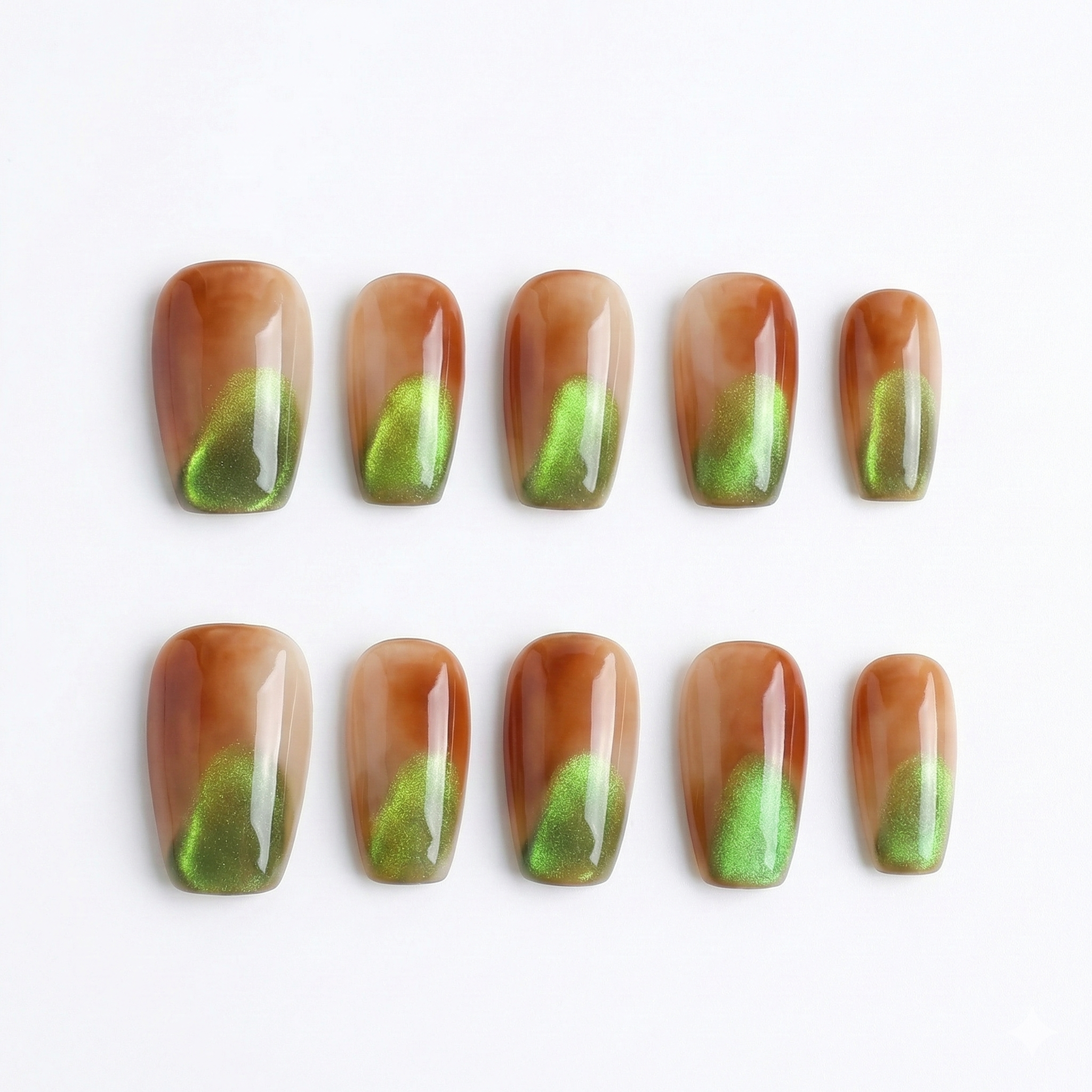 Reusable Amber & Lime Green Square Press On Nail Art Set – Magnetic Cat Eye French Tips for Chic Modern Vibe