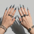 Reusable 3D Chrome Press On Nails – Long Almond Shape with Liquid Metal, Abstract Tribal, and Heart Designs for Cool Girls