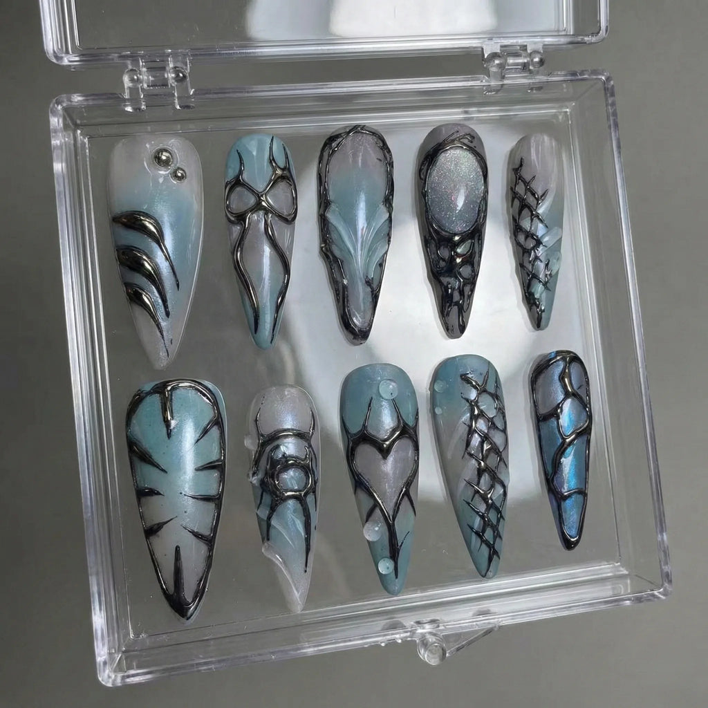 Reusable 3D Chrome Press On Nails – Long Almond Shape with Liquid Metal, Abstract Tribal, and Heart Designs for Cool Girls