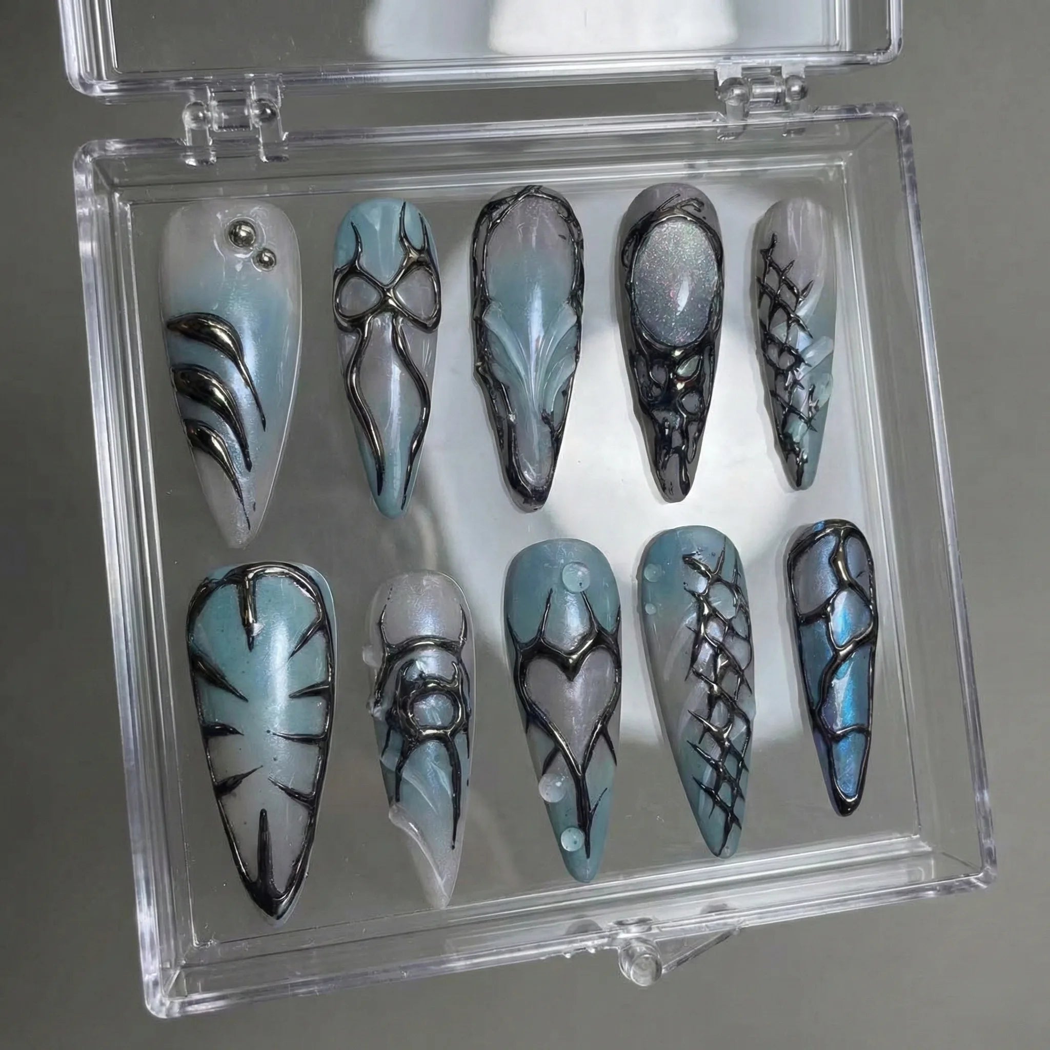 Reusable 3D Chrome Press On Nails – Long Almond Shape with Liquid Metal, Abstract Tribal, and Heart Designs for Cool Girls