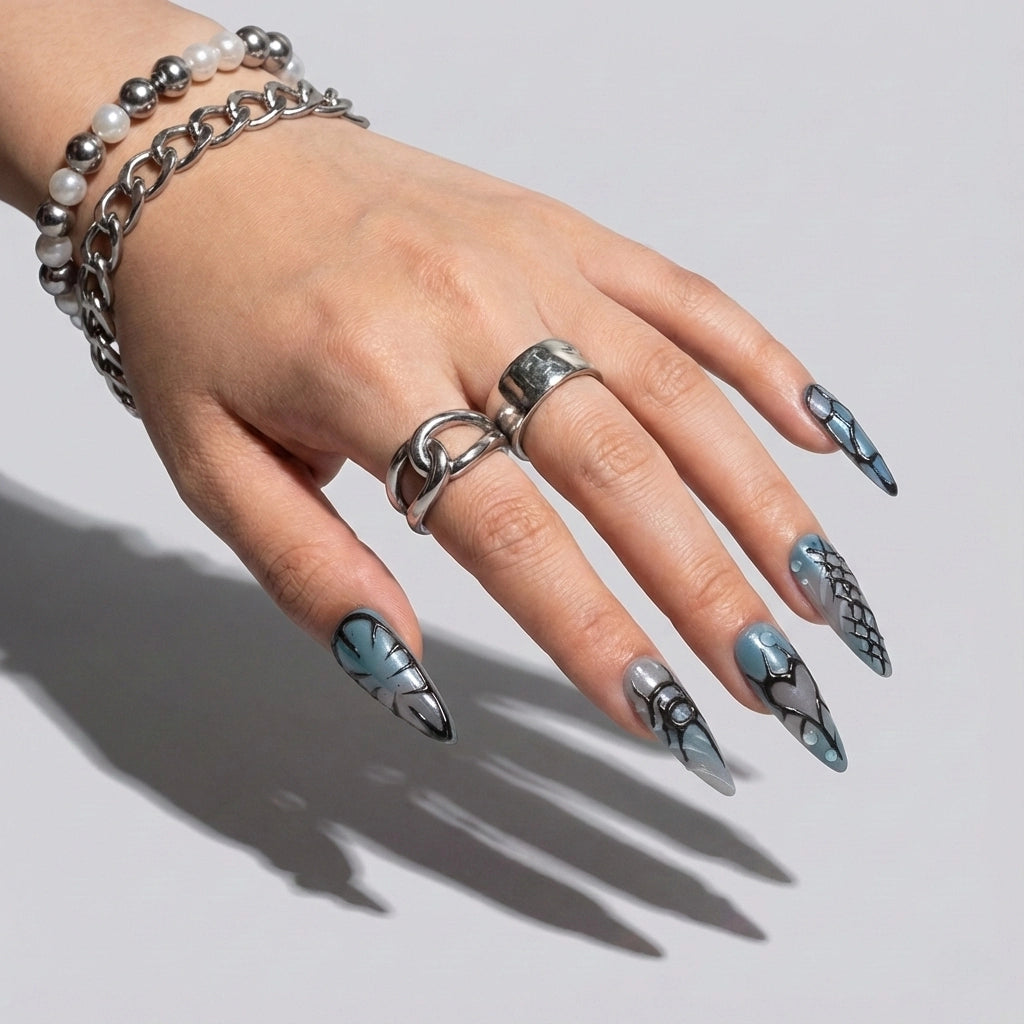 Reusable 3D Chrome Press On Nails – Long Almond Shape with Liquid Metal, Abstract Tribal, and Heart Designs for Cool Girls Secondary image