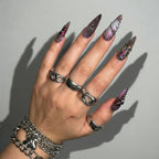 Handmade Cyber Y2K Press On Nails – Long Stiletto Shape with Molten Purple Chrome, 3D Swirls & Silver Spheres for Baddies