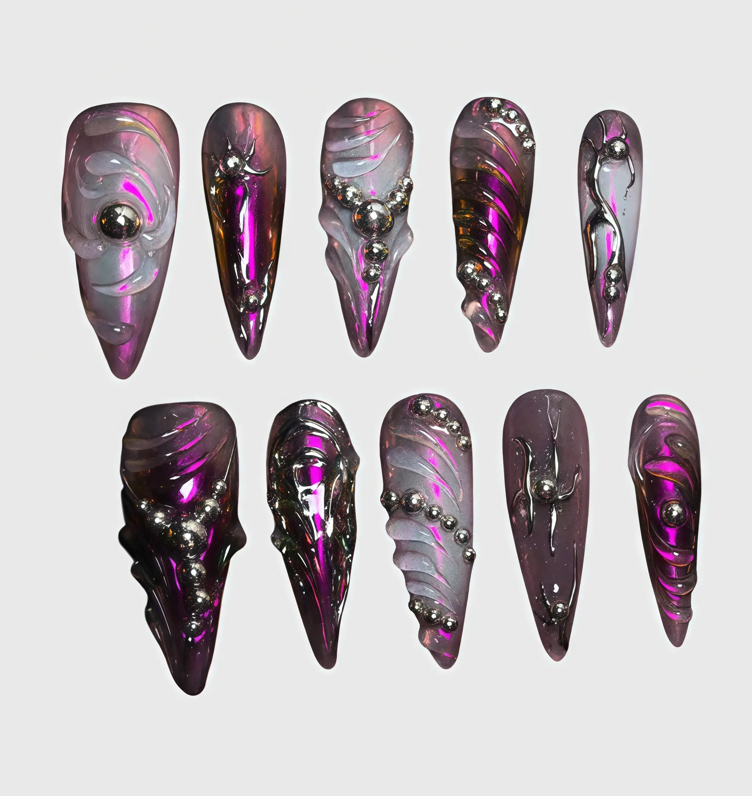 Handmade Cyber Y2K Press On Nails – Long Stiletto Shape with Molten Purple Chrome, 3D Swirls & Silver Spheres for Baddies