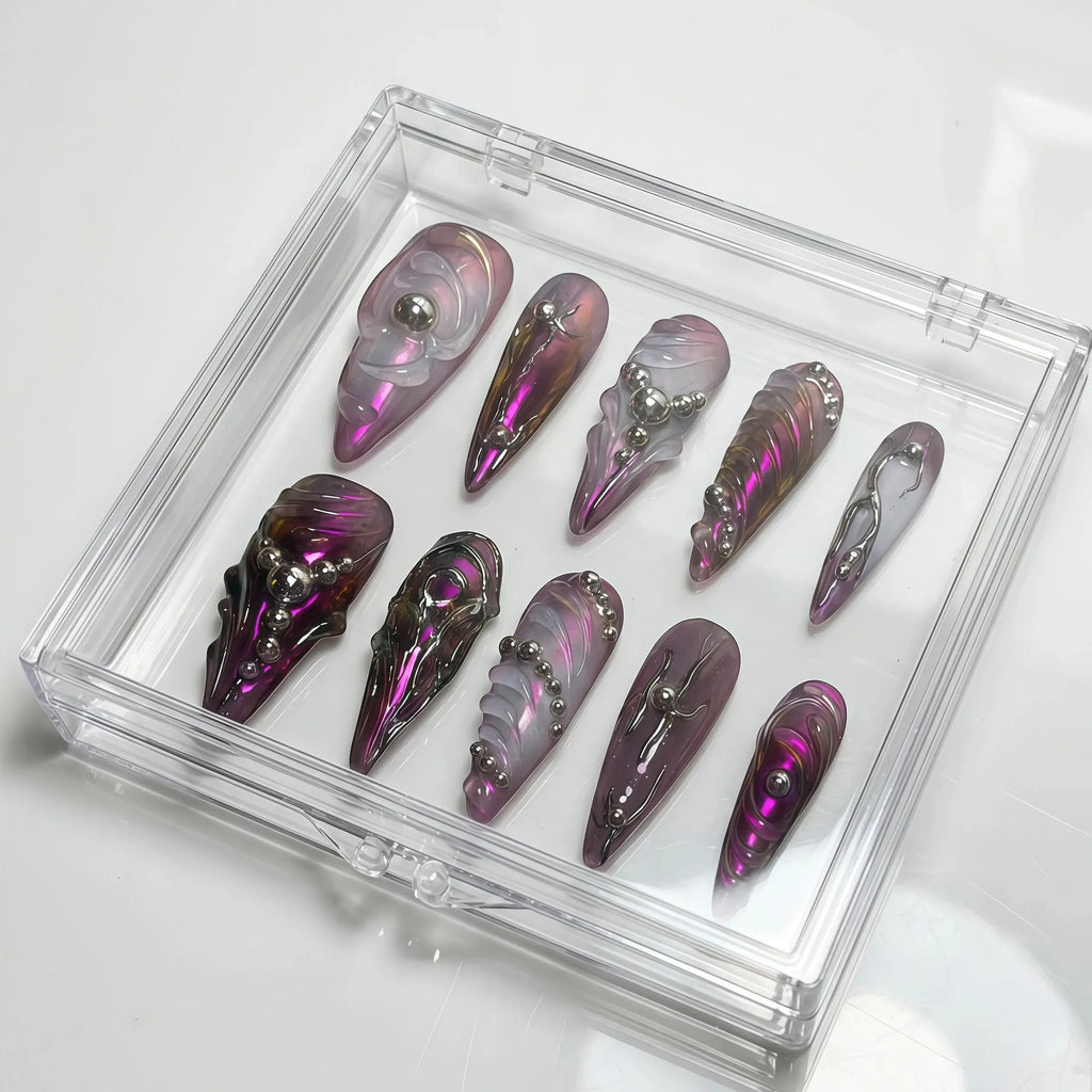 Handmade Cyber Y2K Press On Nails – Long Stiletto Shape with Molten Purple Chrome, 3D Swirls & Silver Spheres for Baddies