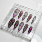 Handmade Cyber Y2K Press On Nails – Long Stiletto Shape with Molten Purple Chrome, 3D Swirls & Silver Spheres for Baddies