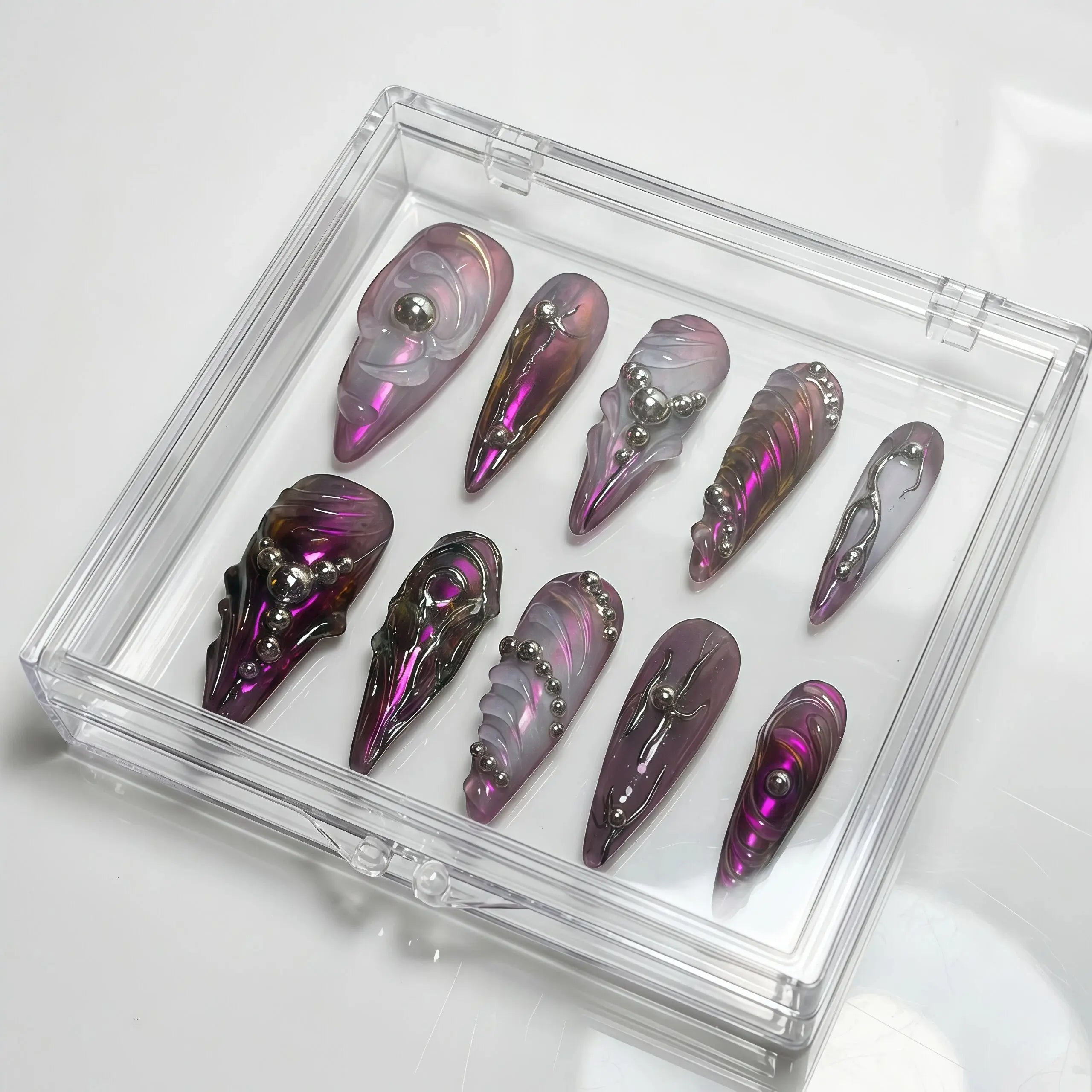 Handmade Cyber Y2K Press On Nails – Long Stiletto Shape with Molten Purple Chrome, 3D Swirls & Silver Spheres for Baddies