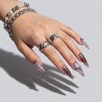 Handmade Cyber Y2K Press On Nails – Long Stiletto Shape with Molten Purple Chrome, 3D Swirls & Silver Spheres for Baddies