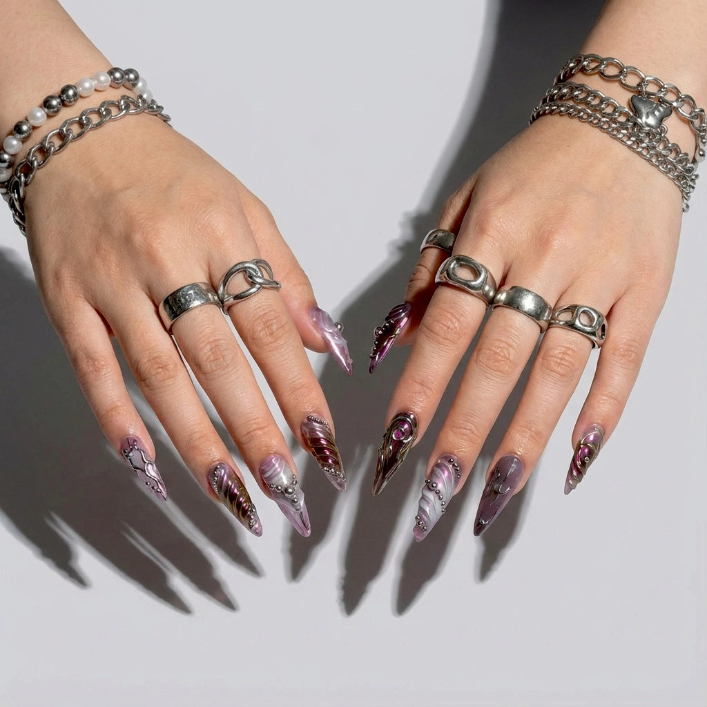 Handmade Cyber Y2K Press On Nails – Long Stiletto Shape with Molten Purple Chrome, 3D Swirls & Silver Spheres for Baddies