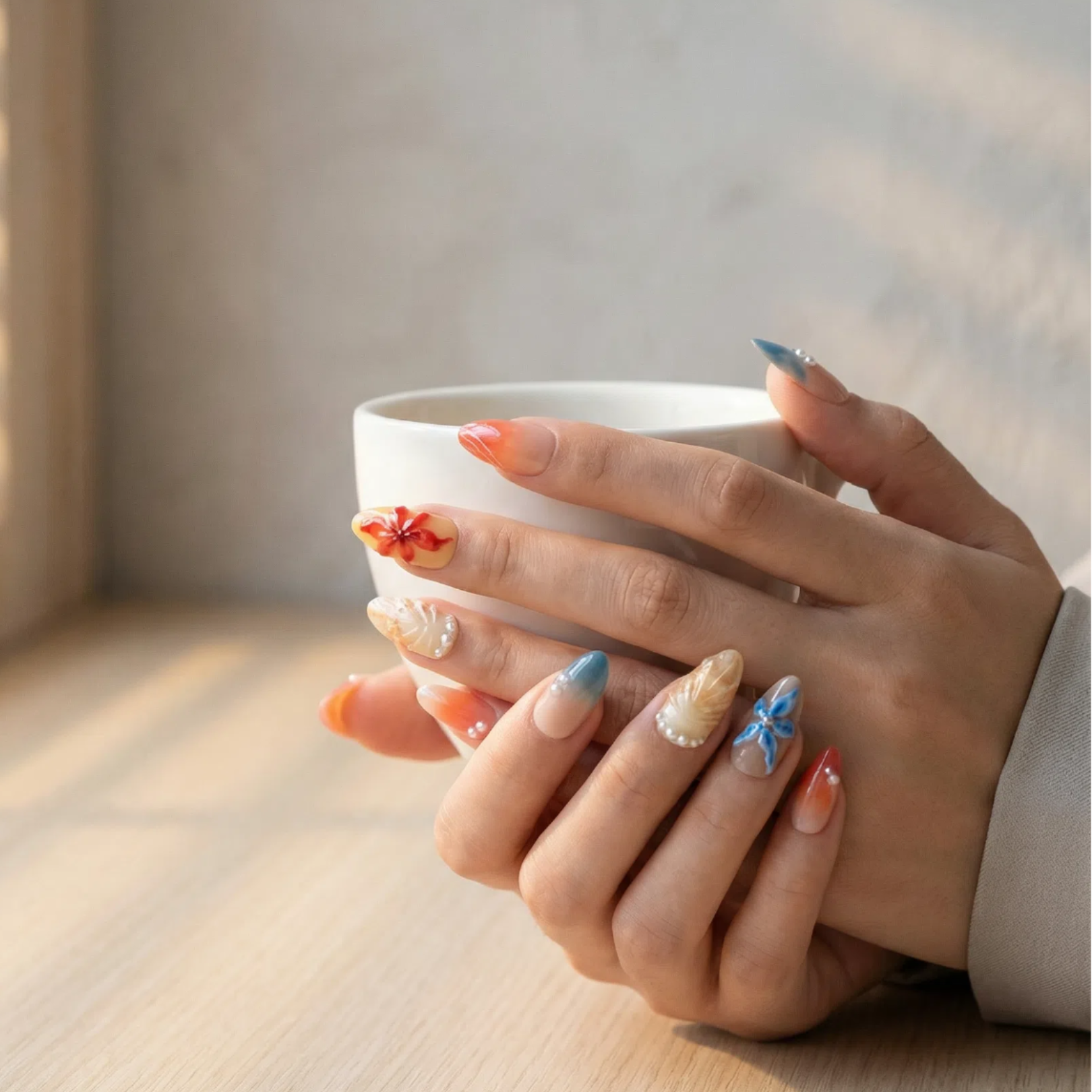 Oval Press On Nails – Tropical Shell Texture with 3D Flowers and Ombre Sunset Gradient Secondary image