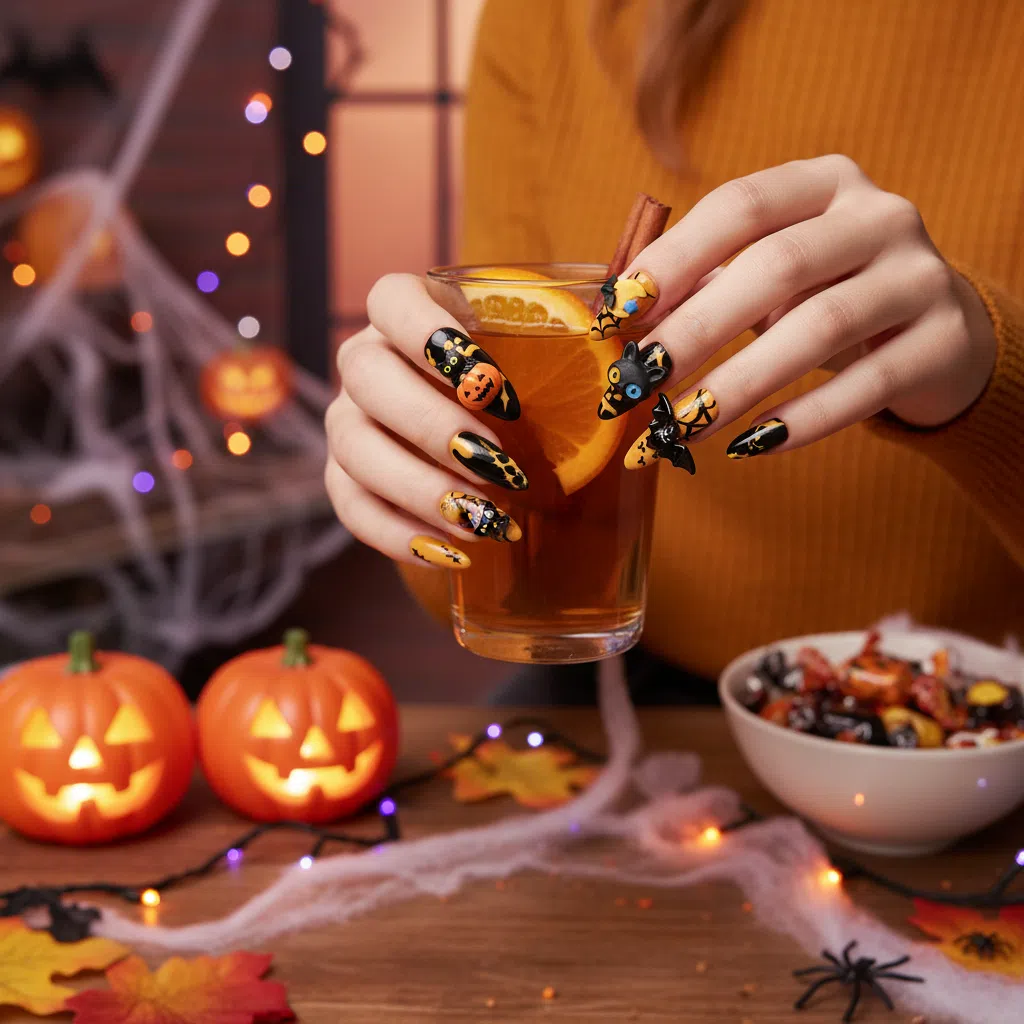 Reusable Halloween Stiletto Press On Nail Art Set – 3D Cats, Pumpkins, and Bats for Spooky Season Secondary image
