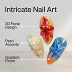 Oval Press On Nails – Tropical Shell Texture with 3D Flowers and Ombre Sunset Gradient