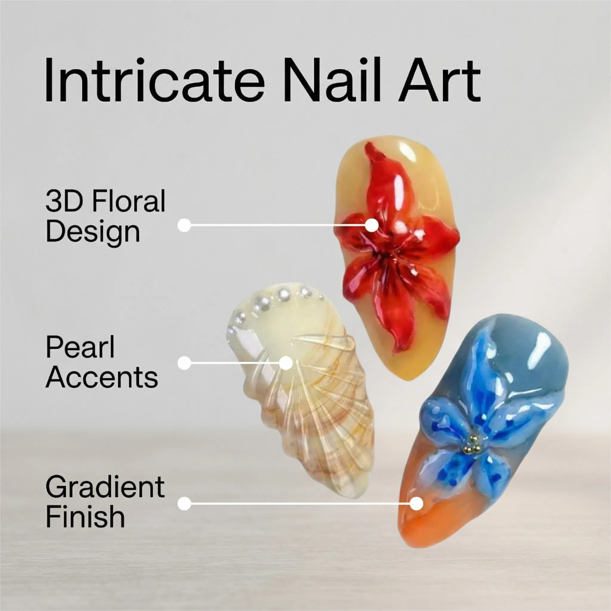 Oval Press On Nails – Tropical Shell Texture with 3D Flowers and Ombre Sunset Gradient